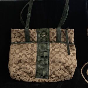 Coach Brown Signature Tote with Green Leather Trim